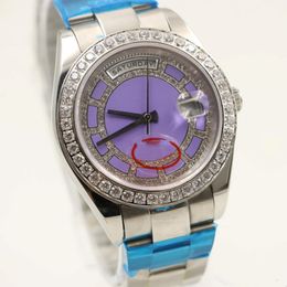 40mm Mens automatic Watches display round purple dial with diamond stainless watch case 208M