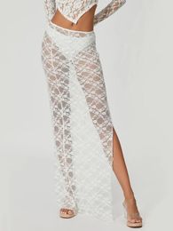 Women's Summer Lace Long Skirt Cover-Up Low Waist Thigh Slit See-Through For Beach Party