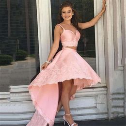 High Low Short Homecoming Dresses Elegant Two Piece Spaghetti Straps Sweetheart Backless Customize Party Tail Gowns Z51 0510