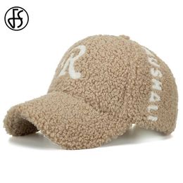 Ball Caps FS 2023 Lamb Wool Baseball Cap For Men Fashion Winter Hat Khaki Pink Women Hats Thick Warm Big Letter Plush Trucker Caps Gorras Y240507