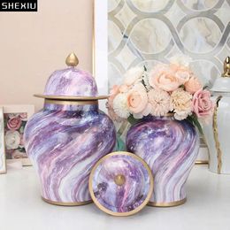 Storage Bottles Purple Nebula Pattern Ceramic Jar Artificial Flower Vase Porcelain Jewelry Jars Cosmetic Containers Desk Decoration