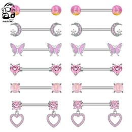 Nipple Rings A Pair Cute Heart Dangled Nipple Piercings Barbell for Women Pink Colour Moon Butterfly Shaped Sexy Nipple Rings Shield Bar Sets Y240510