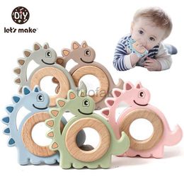 Teethers Toys Lets make dinosaur silicone wood ring teeth cute animal care pendant accessories dental toys chewing toys teeth d240509