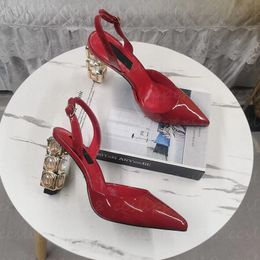 Designer Diamond block heels Letter Heels 11cm with Red Heels New Luxury leather Fashion Sandals Leather pump Ladies Wedding Dress shoes with box Large size43