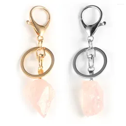 Keychains Women Natural Pink Crystal Keychain Gold Silver Color Irregular Gem Stone Quartz Key Chain Metal Lobster Clasp Rings Jewelry