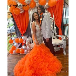 Gorgeous Orange Diamonds Prom Dress For Black Girls Tiered Ruffle Sparkly Crystal Rhinestones Tassels Birthday Party