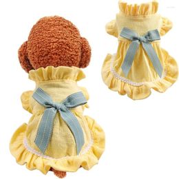 Dog Apparel 2024 Pet Yellow Pleated Summer Dress For Dogs Lace High Collar Clothes Big Bowknot Tutu Ladies