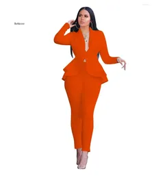 Women's Two Piece Pants Women Winter Set Tracksuit Full Sleeve Ruffles Blazers Suit Office Lady Business Wear Uniform