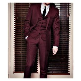 One Button Burgundy Groom Tuxedos 2019 Notched Lapel Men Suits Wedding Prom Best Man Blazer Jacket Pants Tie Vest 278f
