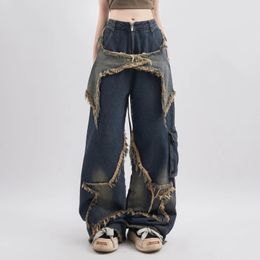 Y2K Vintage Women Denim Jeans Korean Streetwear Oversize Star Aesthetic Straight Trousers Wide Leg Jeans Grunge Pants Clothes 240509