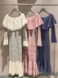 Casual Dresses Japanese Ruffled Collar Off Shoulder Long Sleeve Knitted Fishtail Dress Slim Fit Striped Robe Autumn Winter Vestidos