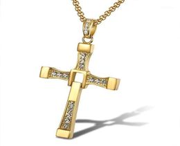Pendant Necklaces 316L Stainless Steel Fast And Furious Movies Actor Dominic Toretto Rhinestone Cross Crystal Chain Necklace Men J8690067