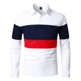 Men's Polos New Mens Spring and Autumn Chest Two-color Stitching Long-slved Lapel T-shirt Thin European Size Long-slved Polo Shirt Y240510