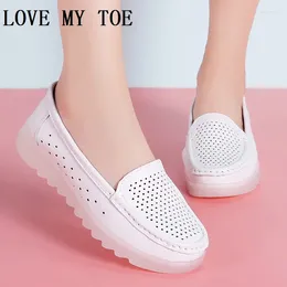 Casual Shoes 2024 Simple White Hollow Breathable Genuine Leather Flats Platform Loafers For Women Chaussure Femme Zapatos Mujer