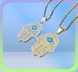 Turkish Hamsa Hand of Fatima Pendant Necklace Gold Stainless Steel Iced Out Chain Hip Hop WomenMen Jewellery 2106215684099