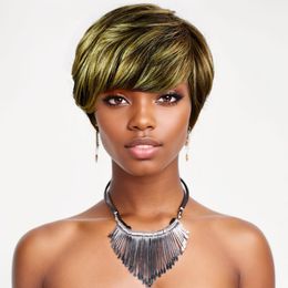 Short Pixie Cut Human Hair Wig With Bangs Bob Wavy Wigs For Women Brazilian Hair Full Machine Made Wig Straight Bob Wig Glueless