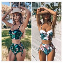 Women's Swimwear High waisted swimsuit 2024 new leaf print bikini womens swimsuit retro vintage swimsuit Halter Biquini Maillot de bain femme J240510