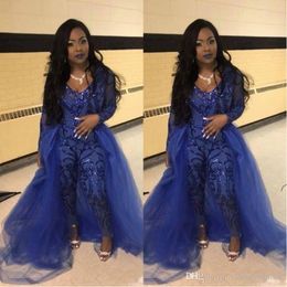 Sparkly Sequins Jumpsuits Prom Dresses 2019 Royal Blue V Neck Long Sleeve OverskirtsEvening Gowns Plus Size African Pageant Pants Party 2091
