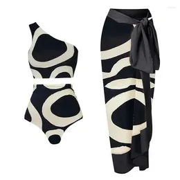 Women's Swimwear Way Black And White Print High Waist One Shoulder Bikini Set Beach Skirt Bathing Suits For Women 2024 Wholesale