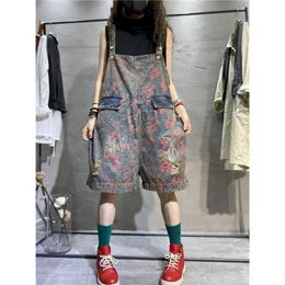 Women's Jumpsuits Rompers Denim Jumpsuit Women Vintage Korean Style One Piece Outfit Casual Loose Printed New Summer Clothing for Women Kn Length Jeans Y240510