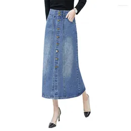 Skirts 2024 Fashion Spring Summer Denim Skirt Women Super Long High Waist Jean Single-breasted Casual Solid A-line KW147