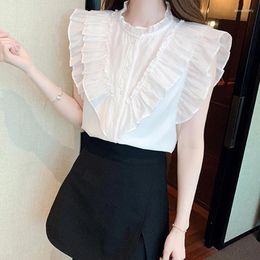 Women's Blouses Summer Chiffon Sleeveless Women Blouse Fashion Solid Butterfly Sleeve White Button Sweet Lady Tops Clothes 1058