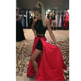 2019 Two Pieces Black And Red Prom Lace Crop Top Evening Party Gowns Sweet 16 Graduation Dresses Overskirt Corset Custom Made 0510