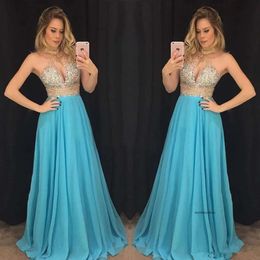 Hot Sale Bling 2019 Prom Dresses Crystal Beading Halter Neck Formal Evening Gowns Sexy Illusion A Line Chiffon Girls Party Dress M44 0510