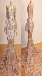 Sparkly Rose Gold Mermaid Long Sleeve Prom Dresses 2020 Modest Vneck Luxury Sequin Fishtail African Sexy Occasion Evening Gowns9388996