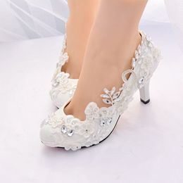 Designer Lace Crystals Bridal Wedding Shoes For Bride 3D Floral Appliqued High Heels Plus Size Round Toe Rhinestones Prom Women Shoes 245J