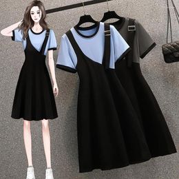 Party Dresses Summer Midi T-shirt Dress For Women Round Neck Short Sleeve Casual Female Plus Size Cotton Loose Black Patchwork A Line