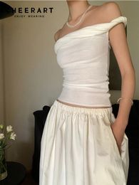 CHEERART Kink Off The Shoulder Summer Knitwears Designer Knit Crop Top For Women Fashion Tank Top White Black Beige Clothes 240509