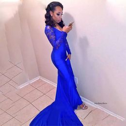 Simple Royal Blue Mermaid Prom African Black Girl Graduation Dresses Sleeve Lace Long Evening Party Pageant Gowns 0510