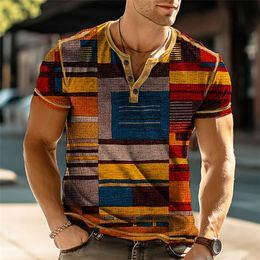 Summer Colour Block Vintage Henley Shirts Patchwork 3D Print Mens Casual Button-Down Short Sleeve T Shirt Man Tees Tops Clothing 240509