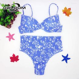 Women's Swimwear Sexy Underwired Push Up Bikini Set Ruched Bandeau Swimsuit Bikinis Women High Waist Bathing Suit Floral Print Beachwear