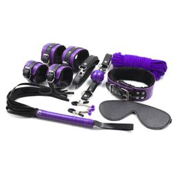 8PCSLot Purple Mix Colour Pu Leather Bondage Restraints Adult Game Bdsm Sex SetNipple Clamps Rope Cuffs Collar Sex Whip8244507