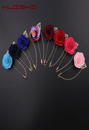 HUISHI Flower Pin Men Fashion Male Suits Gold Leaves Rose Camellia Brooches Corsage Collar Flowers Needle Chain Handmade Lapel2801041