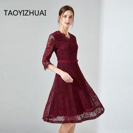Party Dresses TAOYIZHUAI Vintage Style Midi Women Lace Dress A Line V Neck Wine Red Color Flare Half Sleeves Plus Size Luxury Elegant