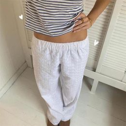 Women's Pants Coquette Y2k Aesthetic Clothes Women White Hollowed Flower Lace Elastic Low Waist Baggy Loose Trousers 2000s Streetwear