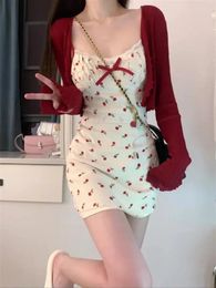 Work Dresses Sweet 2 Piece Dress Set Woman Red Long Sleeve Cardigan Strap Floral Y2k Mini Party Korean Fashion Suit 2024 Spring Chic