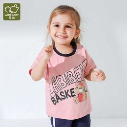 T-shirts LABI BABY Cute Pink Bear Summer Shoulder Open Buckle Short Sleeve Casual Loose T-shirtL2405