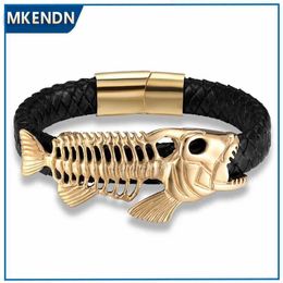 Charm Bracelets MKENDN Punk Design 18k Plated Fish Bones Genuine Leather Bracelet for Men Stainless Steel Magnetic Button Gift Male Bracelets Y240510