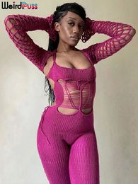 Weird Puss Knit Women Jumpsuit Stretch Fake Two Hollow Long Sleeve Summer Bandage Backless Clubwear Workout Overalls 240510