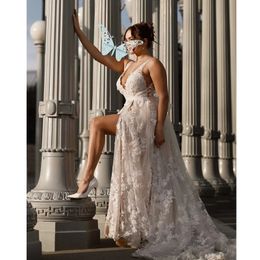 Ebi Arabic Aso Floral Wedding Dress Side Split Exquisite V Neck Lace Appliques Short Sleeves Bridal Gowns Floor Length Vestido De Novia