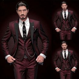 Burgundy Mens 3 Piece Suits Black Peaked Lapel Slim Fit Groom Wedding Tuxedos Groomsman Formal Prom Suit Jacket Pants Vest 287S