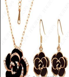 Rose Gold Plated Use Crystal NecklaceEarring Gemstones JewelryFlash Black Flower Pendant Necklace5145548