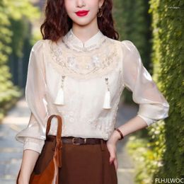 Women's Blouses Chinese Style Chi-pao Collar Design Beaded Embroidery Tops 2024 Women Office Lady Girls Elegant Retro Shirt Blouse Vintage