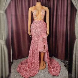 Pink Prom Dresses for Special Occasions Promdress Illusion Feathered Beaded Sequined Lace Split Birthday Party Dress Second Reception Gowns for Black Women AM875