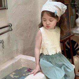 Clothing Sets 2024 Korea Girls Baby Summer Set Embroidery Tops Shirts Pants Kids Cotton Comfortable Casual 2pcs Clothes