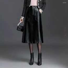 Skirts Women Chic A-line PU Leather Skirt Autumn Winter Office Lady Elegant High Waist Slim Fit Casual Mid-long Black M-4XL 6858